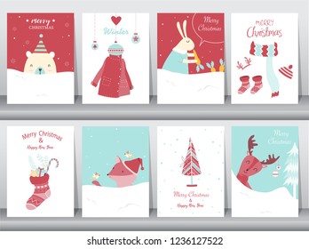 Conjunto de adorables antecedentes de navidad con adorables animales y navidades Árbol, Bonito fondo de caricaturas con símbolos de fiestas,Ilustraciones vectoriales