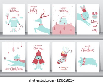 Set of cute Merry christmas  background with cute animal and christmas Tree,Lovely cartoon background with holiday symbols,Vector illustrations