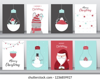 Set of cute Merry christmas  background with cute animal and christmas Tree,Lovely cartoon background with holiday symbols,Vector illustrations