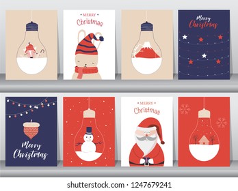 Set of cute Merry christmas  background with cute animal and christmas Tree,Lovely cartoon background with holiday symbols,Vector illustrations