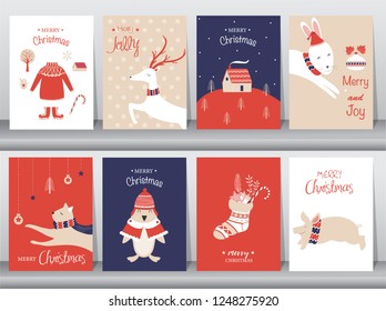 Set of cute Merry christmas  background with cute animal and christmas Tree,Lovely cartoon background with holiday symbols,Vector illustrations