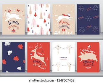 Set of cute Merry christmas  background with cute animal and christmas Tree,Lovely cartoon background with holiday symbols,Vector illustrations
