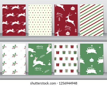 Set of cute Merry christmas  background with cute animal and christmas Tree,Lovely cartoon background with holiday symbols,Vector illustrations
