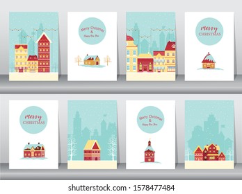 Set of cute Merry christmas  background with christmas town Covered Snow,cards, Vector illustrations