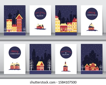 Set of cute Merry christmas  background with christmas town Covered Snow,cards, Vector illustrations