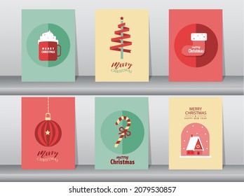 Set süß fröhlicher Weihnachtshintergrund mit süßem Tier und glücklichem Neujahr, Feiertagssymbole, Vektorgrafiken.