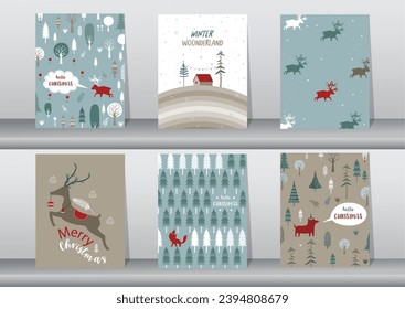Set of cute Merry christmas  background with cute animal and christmas Tree,Lovely cartoon background with holiday symbols,Vector illustrations.