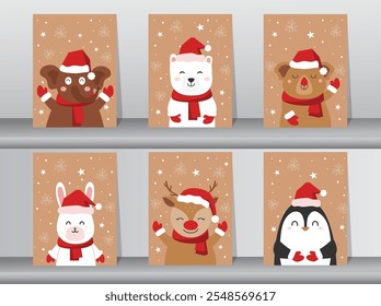 Set of cute Merry christmas  background with cute animal,Lovely cartoon background with holiday symbols,Vector illustrations.