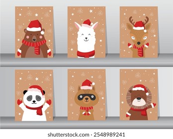 Set of cute Merry christmas  background with cute animal,Lovely cartoon background with holiday symbols,Vector illustrations.