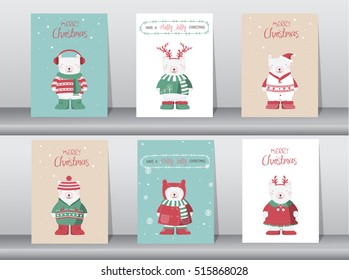 Set of cute Merry christmas  background with cute bear and winter clothes, Vector illustrations