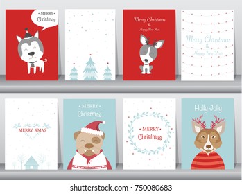 Set of cute Merry christmas  background with cute animal and winter clothes,cute animal, Vector illustrations