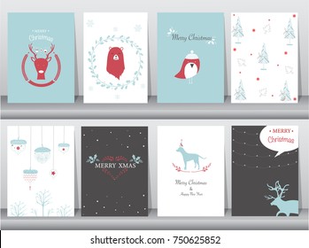 Set of cute Merry christmas  background with cute animal and winter clothes,cute animal, Vector illustrations