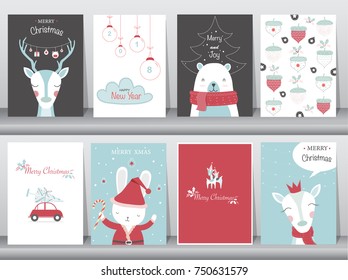Conjunto de adorables antecedentes de navidad con lindas prendas de animales y ropa de invierno, lindos animales, ilustraciones vectoriales