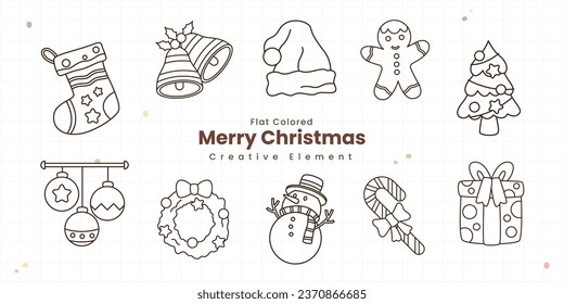 Set of Cute Merry Christmas Element Supplies Doodle Line Style Collection. Christmas Festive Decoration Winter Holiday Season. Winter Season Outline Style Illustration