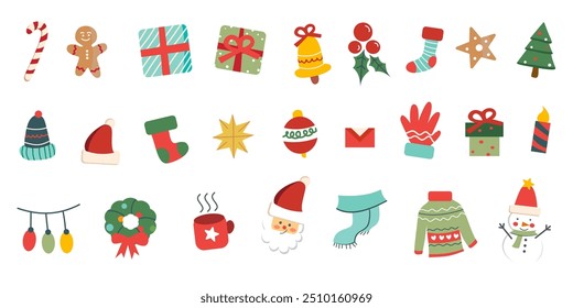 Conjunto de Navidades alegres lindas Elemento Suministros Colección. Navidades Decoración festiva Temporada de Festiva de invierno. Ilustración de estilo coloreado de temporada de invierno