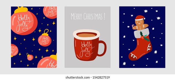 Set of Cute Merry Christmas and Happy New Year greeting cards with christmas cup, gingerbread in christmas sock. Set of hand drawn holiday posters templates, postcard design.