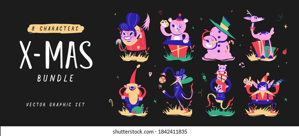 Set of Cute Merry Christmas and Happy New Year Characters. Vector Illustration