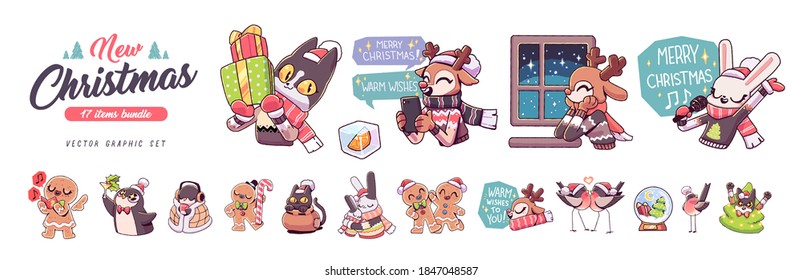 Set of Cute Merry Christmas and Happy New Year Characters. Vector Illustration