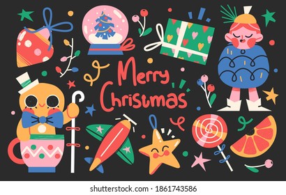 Set of Cute Merry Christmas and Happy New Year Illustrations or stickers. Festive christmas characters and objects. Vector illustration