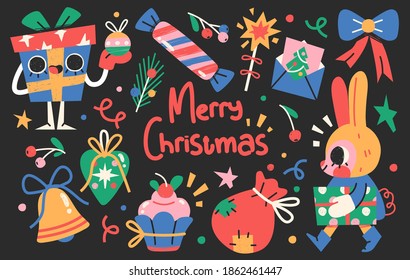 Set of Cute Merry Christmas and Happy New Year Illustrations or stickers. Festive christmas characters and objects. Vector illustration