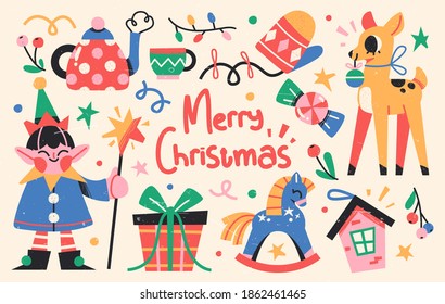 Set of Cute Merry Christmas and Happy New Year Illustrations or stickers. Festive christmas characters and objects. Vector illustration