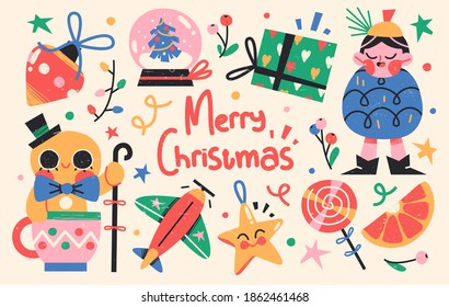 Set of Cute Merry Christmas and Happy New Year Illustrations or stickers. Festive christmas characters and objects. Vector illustration