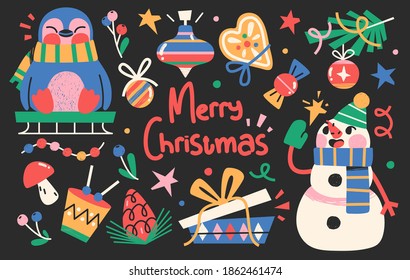 Set of Cute Merry Christmas and Happy New Year Illustrations or stickers. Festive christmas characters and objects. Vector illustration