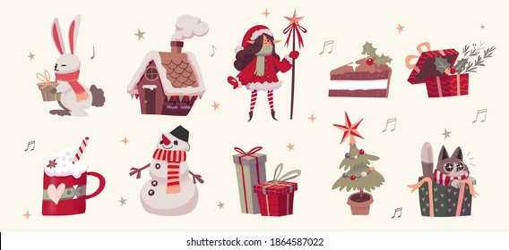 Set of Cute Merry Christmas and Happy New Year Illustrations or stickers. Festive christmas characters and objects. Vector illustration