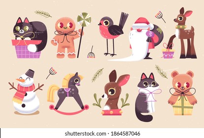 Set of Cute Merry Christmas and Happy New Year Illustrations or stickers. Festive christmas characters and objects. Vector illustration