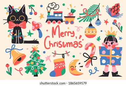 Set of Cute Merry Christmas and Happy New Year Illustrations or stickers. Festive christmas characters and objects. Vector illustration