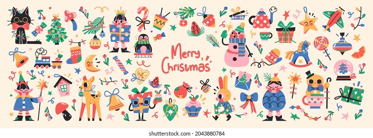 Set Of Cute Merry Christmas And Happy New Year Illustrations Or Stickers. Festive Christmas Characters And Objects