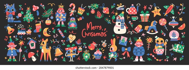 Set of Cute Merry Christmas and Happy New Year Illustrations or stickers. Festive christmas characters and objects