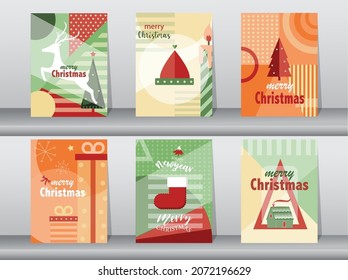 Set of cute Merry christmas and happy new year on retro pattern designs ,holiday,cute,Vector illustrations.