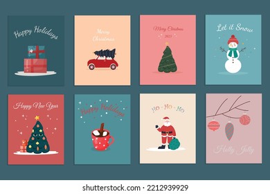 Set of cute Merry Christmas and Happy New Year greeting cards template with New year tree, Santa Claus, gifts and seasonal decorations. Trendy retro style. Colorful vector illustration.