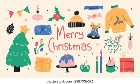 Set of Cute Merry Christmas and Happy New Year Illustrations or stickers. Festive christmas characters and objects. Bell, gift, festive tree, candles. Vector stock illustration on isolated background