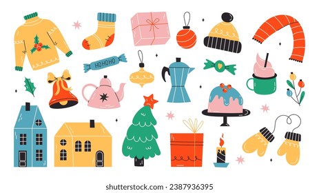 Set of Cute Merry Christmas and Happy New Year Illustrations or stickers. Festive christmas characters and objects. Vector stock illustration on isolated white background. Winter clothes, bell, gift.