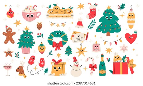 Set of Cute Merry Christmas and Happy New Year Illustrations or stickers. Festive christmas characters and objects