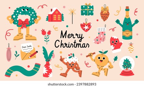 Set of Cute Merry Christmas and Happy New Year Illustrations or stickers. Festive christmas characters and objects