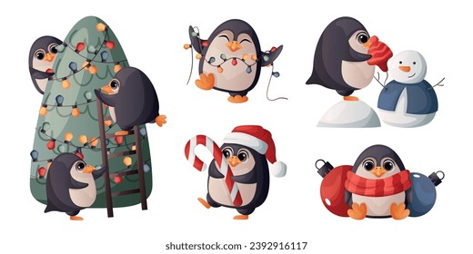 Set of cute merry christmas penguin in different poses. Happy penguins mascot celebrate new year, decorate xmas tree, garland, candy. Сharacter bird for xmas greeting. Winter is coming, warm wishes.