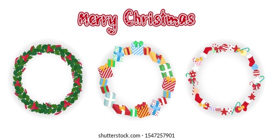 set of cute merry christmas simple frames with sweets and candy cane, with gift boxes, with green Ilex aquifolium leaves and red berries, for winter holiday decoration, editable vector illustration