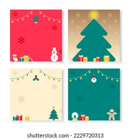 Set of Cute Merry Christmas Snowman Candy Cane Christmas Tree Sock Gift Present Wreath Gingerbread Man Snowflake Star light Square Post Greeting Card Poster Banner Background Copy Space Template Frame