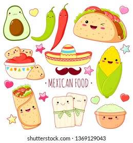Set of cute mexican food stickers in kawaii style with smiling face and pink cheeks. Corn, burrito, nachos, guacamole, avocado, fajitas. EPS8
