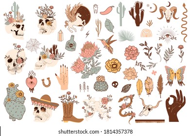 Conjunto de objetos fofos do México e do Velho Oeste. Crânios, cactos, serpentes, cavalos, elementos florais. Ilustração de clipart vetorial editável.