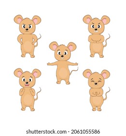Un grupo de ratones lindos en diferentes poses con diferentes emociones enfadadas, listas para luchar, abrazarse, china, japón, wow, feliz. Ilustración vectorial de dibujos animados para niños
