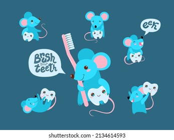 A set of cute mice are holding teeth and a toothbrush. The inscription in the bubble - brush your teeth.