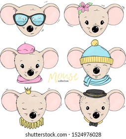 Set with cute mice. Mouse heads with different accessories on white background. Colorful vector illustration in sketch style. Hand-drawn.