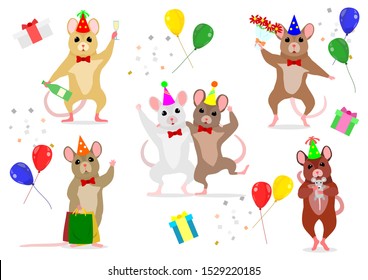 set of cute mice at party