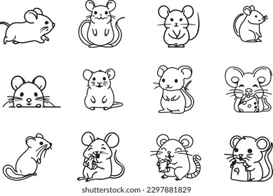 Set of cute mice rat line art vectors
