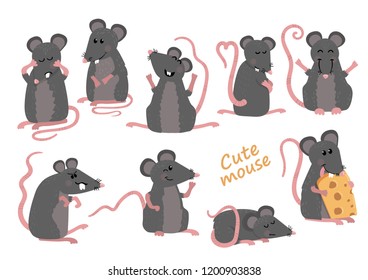 Set of cute mice in various poses in cartoon style. Vector illustration for your design