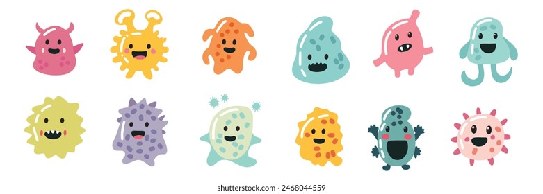 Set of cute microbes in flat style. Hand drawn vector art.